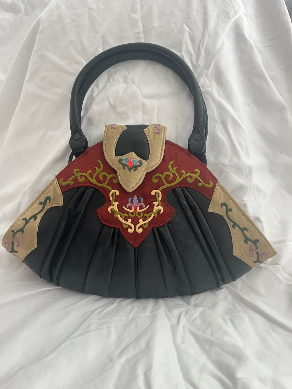 Black Shoulder Bag with Red and Cream Embroidered Accents
